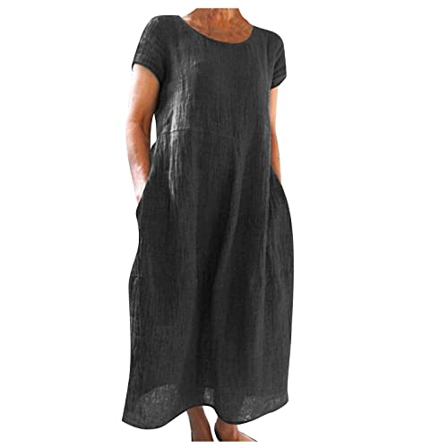 Generisch Sommerkleid Damen Lang Elegant Sommerkleider Luftig Leinenkleid Damen Sommer Midi Kleider mit Taschen Leicht Damenkleider Locker Kurzarm Kleid Frauen Rundhals Strandkleid mit Ärmeln von Generisch