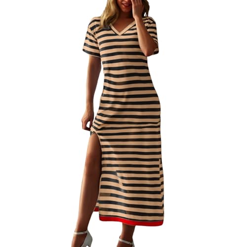 Generisch Sommerkleid Damen Lang Gestreifte T Shirt Kleid Sommer Maxikleid Kurzarm V-Ausschnitt Streifen LäSsiges Lockeres Tunika Kleider Mit Schlitz Shirtkleider Strandkleid Freizeitkleid von Generisch