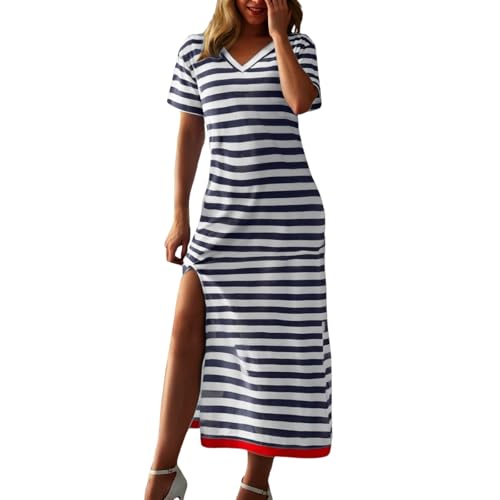 Generisch Sommerkleid Damen Lang Gestreifte T Shirt Kleid Sommer Maxikleid Kurzarm V-Ausschnitt Streifen LäSsiges Lockeres Tunika Kleider Mit Schlitz Shirtkleider Strandkleid Freizeitkleid von Generisch