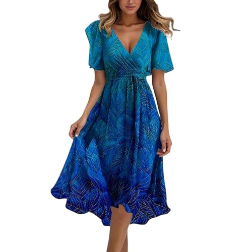 Generisch Sommerkleid Damen Lang mit Blumenmuster V Ausschnitt Chiffon Cocktailkleid Sommerkleid Strandkleid Damen Abendkleider Elegant Boho Kleid Freizeitkleider leicht und luftig Summer Kleid von Generisch