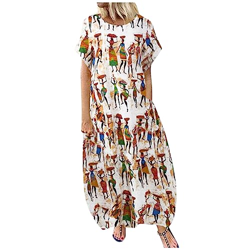 Generisch Sommerkleid Damen Leicht Lang Afrikanische Maxikleider Damen Sommer Elegant Ballonkleid Maxi Kurzarm Sommerkleider Leicht Luftig Kaftan Kleid Frauen mit Taschen Strandkleid Luftige Locker von Generisch