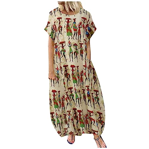 Generisch Sommerkleid Damen Leicht Lang Afrikanische Maxikleider Damen Sommer Elegant Ballonkleid Maxi Kurzarm Sommerkleider Leicht Luftig Kaftan Kleid Frauen mit Taschen Strandkleid Luftige Locker von Generisch