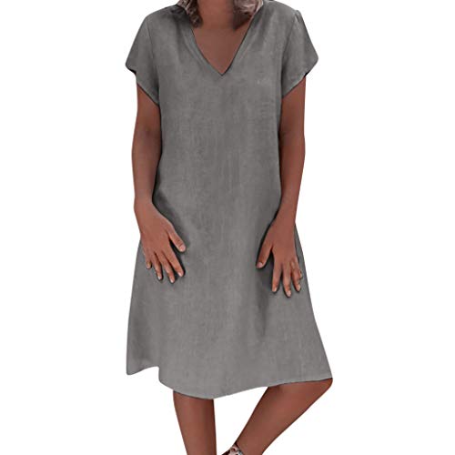 Generisch Sommerkleid Damen Leinen Kleider Casual V-Ausschnitt Midikleid Einfarbige Große Größen 5XL Sommerkleider Leinenkleid Luftig Casual Elegant Strandkleid Summer Dress Damen Kleider von Generisch