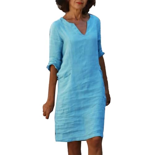 Generisch Sommerkleid Damen Leinenkleid Knielang Kurzarm V-Ausschnitt Freizeitkleid Große Größen Sommer Beach Strandkleid Leicht und Luftig Langes Kleid Elegante Summer Dress mit Taschen von Generisch