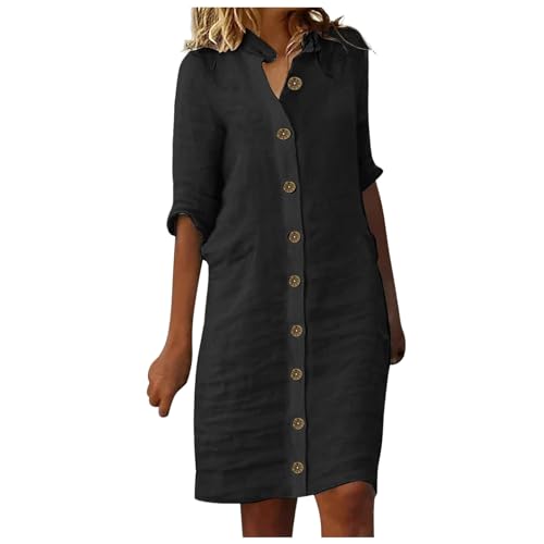 Generisch Sommerkleid Damen Leinenkleid Knielang Kurzarm V-Ausschnitt Freizeitkleid Knopfleiste Blusenkleid Sommer Strandkleid Leicht und Luftig Midikleid Elegante Summer Dress mit Taschen von Generisch