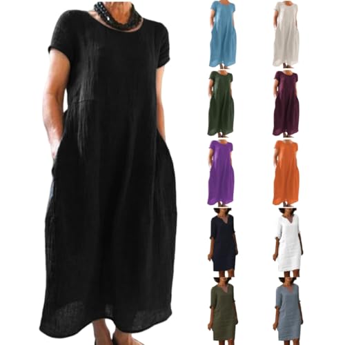 Generisch Sommerkleid Damen Leinenkleid Kurzarm Rundhalsausschnitt Freizeitkleid Große Größen Sommer Beach Strandkleid Leicht und Luftig Langes Kleid Elegante Summer Dress mit Taschen von Generisch