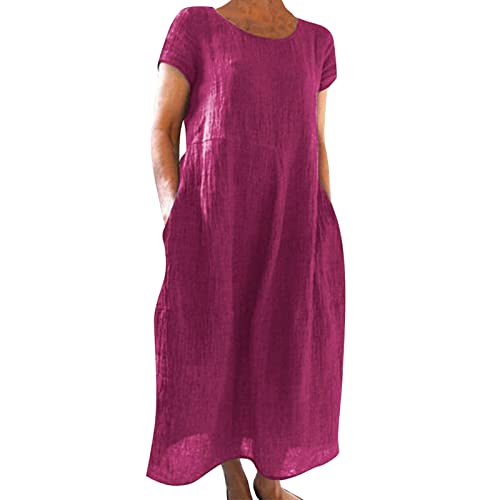 Generisch Sommerkleid Damen Leinenkleid Kurzarm Rundhalsausschnitt Freizeitkleid Große Größen Sommer Beach Strandkleid Leicht und Luftig Langes Kleid Elegante Summer Dress mit Taschen von Generisch