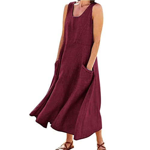 Generisch Sommerkleid Damen Leinenkleid Sommer Ärmellose Rundhalsausschnitt Freizeitkleid Große Größen Strandkleid Leicht und Luftig Langes Kleid Elegante Summer Dress mit Taschen von Generisch