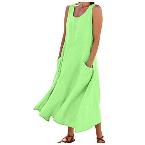 Generisch Sommerkleid Damen Leinenkleid Sommer Ärmellose Rundhalsausschnitt Freizeitkleid Große Größen Strandkleid Leicht und Luftig Langes Kleid Elegante Summer Dress mit Taschen von Generisch