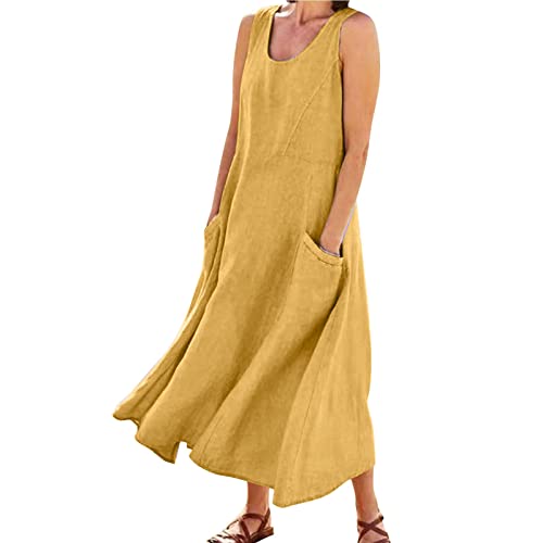 Generisch Sommerkleid Damen Leinenkleid Sommer Ärmellose Rundhalsausschnitt Freizeitkleid Große Größen Strandkleid Leicht und Luftig Langes Kleid Elegante Summer Dress mit Taschen von Generisch