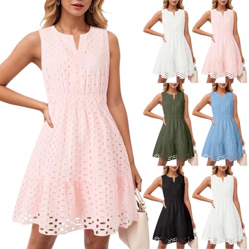 Generisch Sommerkleid Damen Midi Lochstickerei Midikleid mit Taschen Ärmellos V-Ausschnitt Swing A Linie Kleider Hollow Out Sommerkleider Damen Leicht und Luftig Mini Kleid Freizeitkleid von Generisch