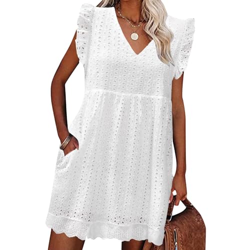 Generisch Sommerkleid Damen V-Ausschnitt Ärmellos Kleider Sommer Baumwolle Minikleid Kurz Freizeitkleid Strandkleid Tank-Kleid Mit Taschen Leichte Luftig Knielang von Generisch