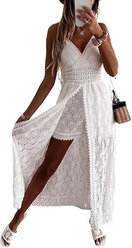 Generisch Sommerkleid Damen V Ausschnitt Floral Spitze Trägerkleid - Quasten Spaghetti Strandkleid Party Boho Beach Freizeitkleid ÄRmellos Maxikleid Partykleid von Generisch