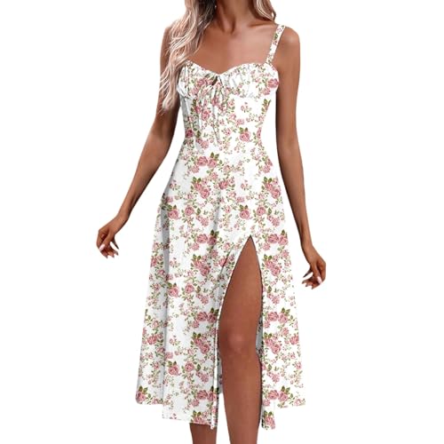 Generisch Sommerkleid Damen lang Damen Y2K-Plateauausschnitt-Langkleid Tieftgeschnitten Armfrei Midi Bustier-Blütenstreifen Spaghettiträger Going-Out-Schwungsonnenkleid von Generisch