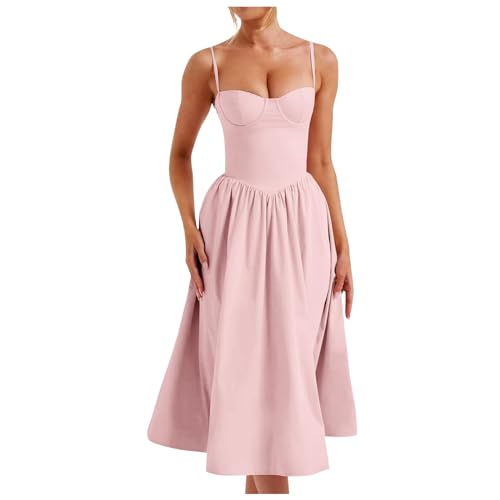 Generisch Sommerkleid Lang Damen Korsett Sundress Elegant Spaghetti Midikleid Frauen A Linie Milkmaid Dress Ärmellose Boho Festliches Kleid Cocktailkleid von Generisch