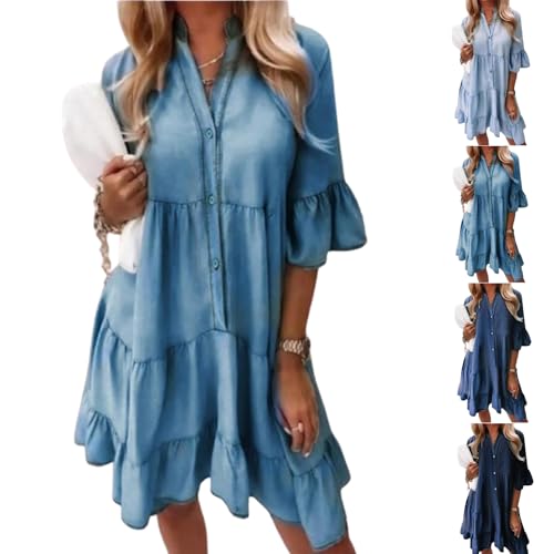 Generisch Sommerkleid Mit V-Ausschnitt Und Rüschenbesatz – Leichter Denim-Look, Jeanskleid,Gewaschene Baumwolle, Halbarm (Blue,M) von Generisch