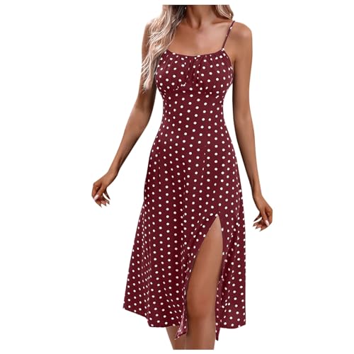 Generisch Sommerkleider Damen, Sommerkleid Damen Lang Abendkleider Spaghettiträger Milkmaid Dress Korsett Kleider Leicht und Luftig Trägerkleid Maxikleider Sommer BohoKleid mit Schlitz Rote von Generisch