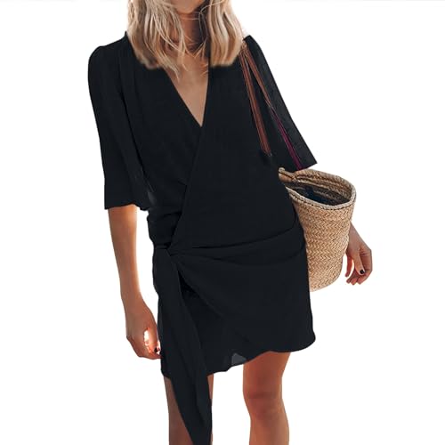 Generisch Sommerkleider Damen Leicht Und Luftig Schnürung Damenkleider V Ausschnitt Leinenkleider Casual Mini Wickelkleid Damen Strandkleid Dünne Halbarm Sommerkleid Kurz Elegant Frauen Kleid von Generisch