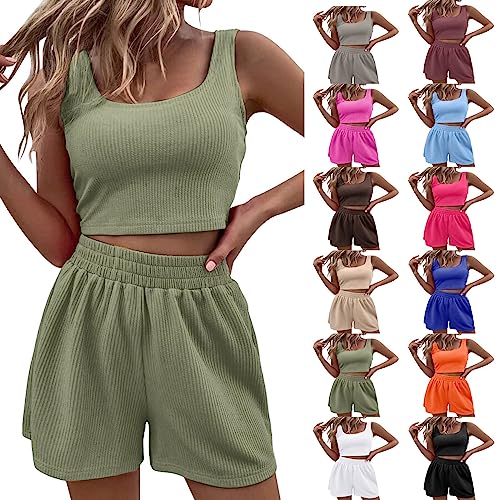 Generisch Sommerkleider Damen Zweiteiler Sommer Hosenanzug Elegant Outfits Kleidung 2 Teiler Set Crop Tank Top + Shorts Y2k Aesthetic Clothes Workout Sport Anzug c-AG S von Generisch