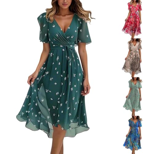 Sommerkleider Sale，Chiffon Boho Lange Kleid Damen Sommerkleid Elegant Rüschen Wickelkleid Partykleid Sexy V-Ausschnitt Maxikleid Blumenkleid Abendkleid Rüschen Strandkleid Cocktailkleid von Generisch