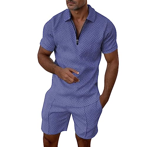 Sommerkleidung Sets für Herren Einfarbig 2-teilig Kurzarm T-Shirts Kurze Hose Freizeitanzug Jogginganzüge 1/4 ReißVerschluss Poloshirt Und Bequeme Atmungsaktive Strandstil Hawaii-Stil von Generisch