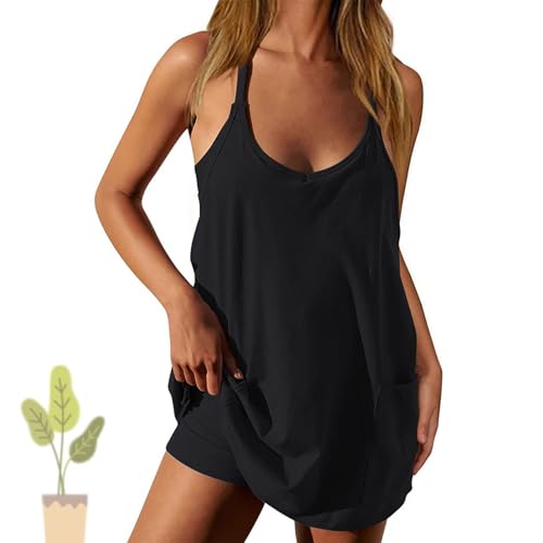 Generisch Specimey Sleeveless Mini Dress Womens Summer Sleeveless Mini Dress V Neck Spaghetti Straps Athletic Built-In Shorts Sundress (Black,x_l) von Generisch