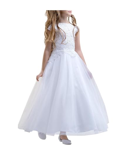 Generisch Spitze Mädchen Brautjungfer Kleid Kinder Erste Kommunion Kommunionskleid Kleider Festkleid Hochzeit Blumenmädchenkleider Weiß 122 von Generisch