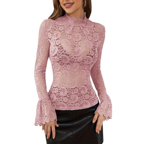 Generisch Spitzenbluse Damen Langarm Stehkragen Spitzen Oberteile Blumenmuster Durchsichtige Langarmshirt Bluse Spitze Eng Unterziehshirt Layering Tops Sexy Elegant Spitzenshirt Spitzenbluse Damen von Generisch