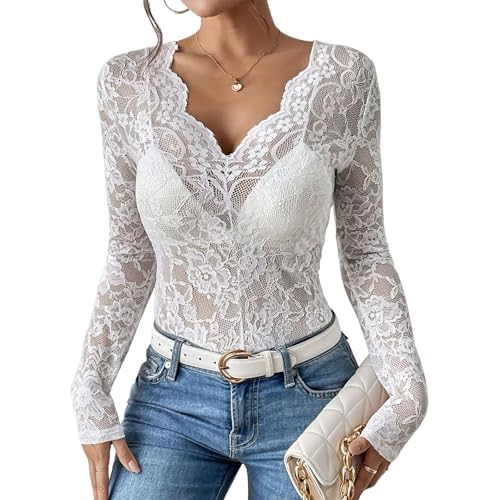 Generisch Spitzenbluse Damen Langarm V Ausschnitt Spitzen Oberteile Durchsichtige Langarmshirt Bluse Sheer Mesh Eng Unterziehshirt Layering Tops Blumenmuster Spitze Netzoberteil Spitzenbluse Damen von Generisch