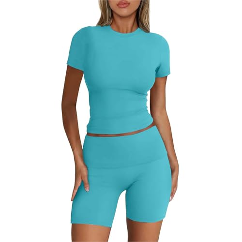 Generisch Sportanzug Damen Kurz Trainingsanzug Jogginganzug Fitnessanzug Freizeitanzug Slim Fit Kurze Ärmel Rundhals Top und High Waist Bauchkontrolle Shorts Kleidung Set Sportkleidung Gym Yoga Set von Generisch