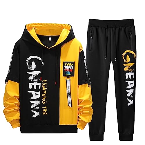 Generisch Sportbekleidung, Herren Y2K Jogginganzug 2 Teilig Herbst Leichte Trainingsanzug Sportanzug Tracksuit Jogging Set Mit Hoodie Und Hose Sportkleidung Mann Pyjama Sport Pyjama (XXL, Gelb) von Generisch
