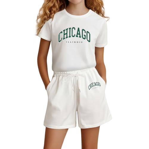 Generisch Sportbekleidung Kinder Mädchen 164 Set Baumwolle Zweiteiler Trainingsanzug Chicago Shorts Und Tshirt Sommer Outfits y2k Mode Sport Kleidung Casual Jogginganzug von Generisch