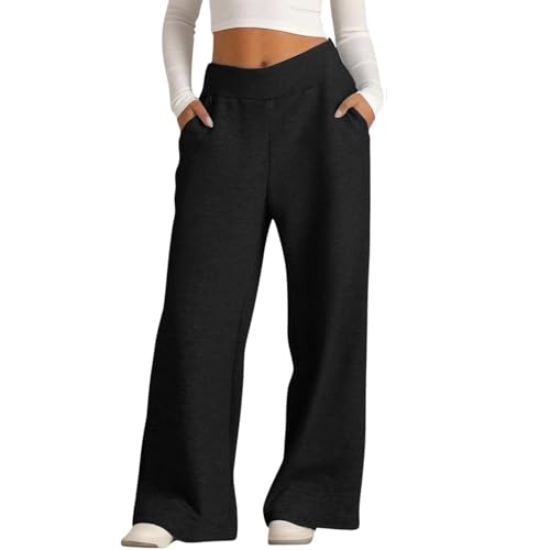 Generisch Sporthose Damen Jogginghose Sweathose Damen Palazzo Hose Weites Bein Stoffhose Elegant High Waist Freizeithose Bequeme Outdoorhose Wanderhosen Radlerhose mit Taschen Black 2 XXL von Generisch