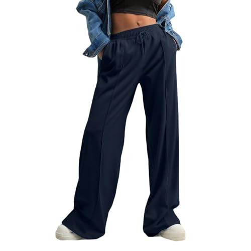 Generisch Sporthose Damen Jogginghose Sweathose Damen Palazzo Hose Weites Bein Stoffhose Elegant High Waist Freizeithose Bequeme Outdoorhose Wanderhosen Radlerhose mit Taschen Navy 1 XXL von Generisch