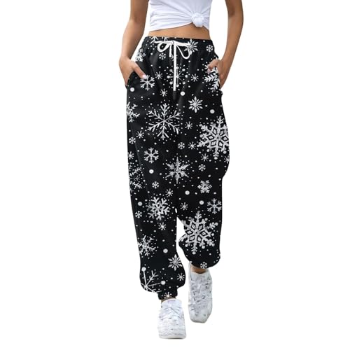 Generisch Sporthose Damen Lang Weihnachts Jogginghose Christmas Druck Sporthose Locker Hohe Taille Jogginghosen mit Taschen Loungehose mit Elastischem Bund Lounge Hose Damen Damen Winterhose Beige von Generisch