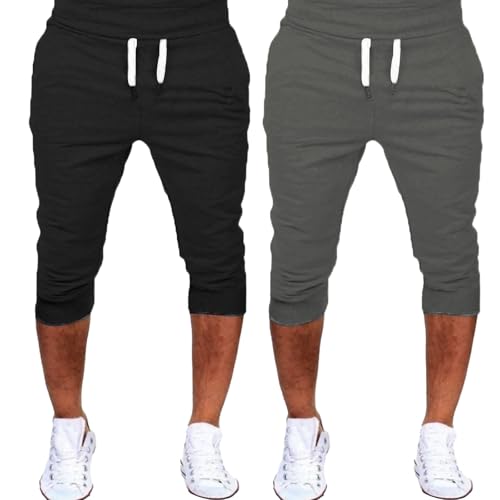 Generisch Sporthose Herren Kurz 2Er Pack Jogginghose Herren 3/4 Lang Sommerhoes Einfarbig Laufhose Leicht Laufhose Atmungsaktiv Trainingshose Mit Bündchen Freizeithose Bequem Sweatshorts Casual Hose von Generisch