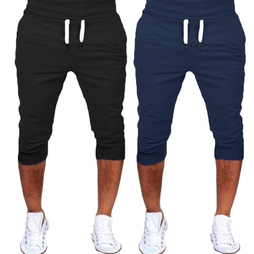 Generisch Sporthose Herren Kurz 2Er Pack Jogginghose Herren 3/4 Lang Sommerhoes Einfarbig Laufhose Leicht Laufhose Atmungsaktiv Trainingshose Mit Bündchen Freizeithose Bequem Sweatshorts Casual Hose von Generisch