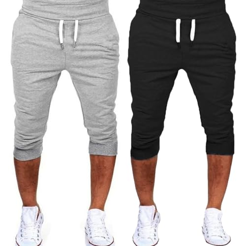 Generisch Sporthose Herren Kurz 2Er Pack Jogginghose Herren 3/4 Lang Sommerhoes Einfarbig Laufhose Leicht Laufhose Atmungsaktiv Trainingshose Mit Bündchen Freizeithose Bequem Sweatshorts Casual Hose von Generisch