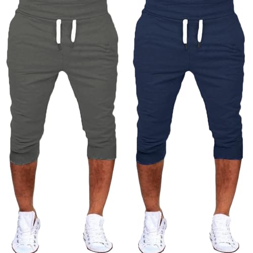 Generisch Sporthose Herren Kurz 2Er Pack Jogginghose Herren 3/4 Lang Sommerhoes Einfarbig Laufhose Leicht Laufhose Atmungsaktiv Trainingshose Mit Bündchen Freizeithose Bequem Sweatshorts Casual Hose von Generisch