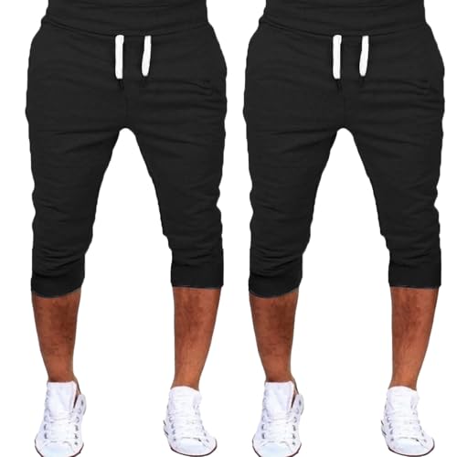 Generisch Sporthose Herren Kurz 2Er Pack Jogginghose Herren 3/4 Lang Sommerhoes Einfarbig Laufhose Leicht Laufhose Atmungsaktiv Trainingshose Mit Bündchen Freizeithose Bequem Sweatshorts Casual Hose von Generisch