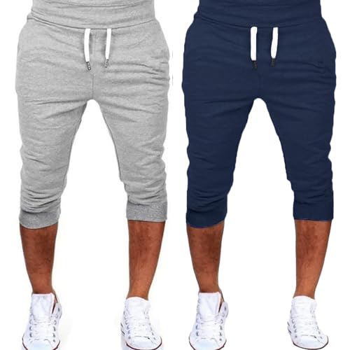 Generisch Sporthose Herren Kurz 2Er Pack Jogginghose Herren 3/4 Lang Sommerhoes Einfarbig Laufhose Leicht Laufhose Atmungsaktiv Trainingshose Mit Bündchen Freizeithose Bequem Sweatshorts Casual Hose von Generisch
