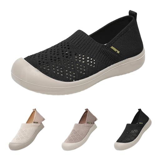 Generisch Sportschuhe Damen Schwarz Sommerschuhe Atmungsaktive Mesh Sportschuhe Breite Füße Walkingschuhe Weichen Bequem Einzelneschuhe Slip-On-Sicherheits Flacheschuhe Sommer Ausflug Trekkingschuhe von Generisch