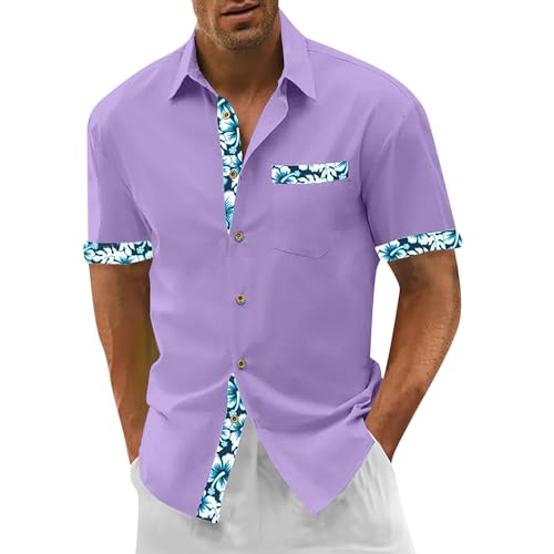 Generisch Sportshirt Herren Kurzarm, Hemd Kurzarm Regular Fit Casual Business Button Down Shirt Mit Brusttasche Hawaii Slim Fit Ausgefallene Hemden Kariert Hellblaues (XL, Lila) von Generisch