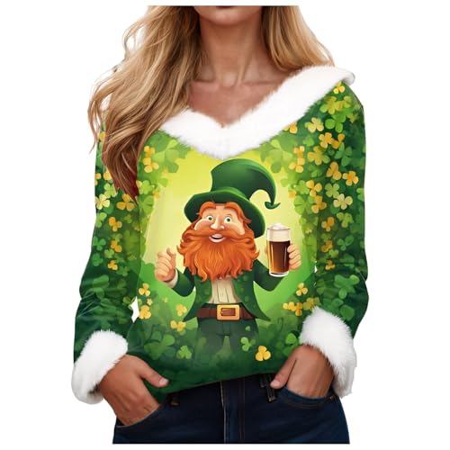 Generisch St Patricks Day Kostüm Damen, Tshirt Damen Grün V-Ausschnitt Plüsch-Kragen Langarmshirt Vierblättriges Kleeblatt Leprechaun Karneval Fasching Sweatshirt Irland St Patrick's Day T Shirt Top von Generisch