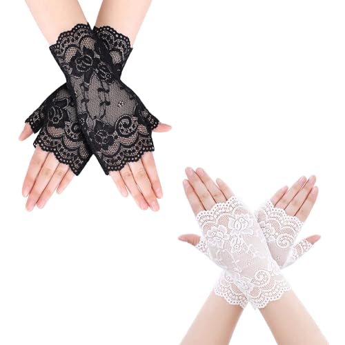 Generisch Steampunk Damen Fingerlose Spitzenhandschuhe Schwarz Weiß Set Netzhandschuhe Blumenmuster Elegant Kostüm Zubehör von Generisch