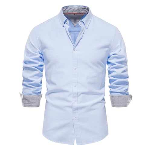 Generisch Stehkragen Hemd Herren Langarm Kontrast Basic Herrenhemden Modische Businesshemden Herren Einfarbig Langarmhemd für Business und Alltag Premium Button Down Freizeithemden (01Hellblau, M) von Generisch