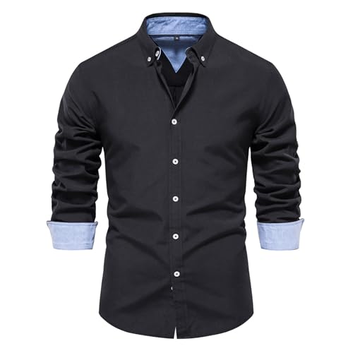 Generisch Stehkragen Hemd Herren Langarm Kontrast Basic Herrenhemden Modische Businesshemden Herren Einfarbig Langarmhemd für Business und Alltag Premium Button Down Freizeithemden (01Schwarz, XL) von Generisch