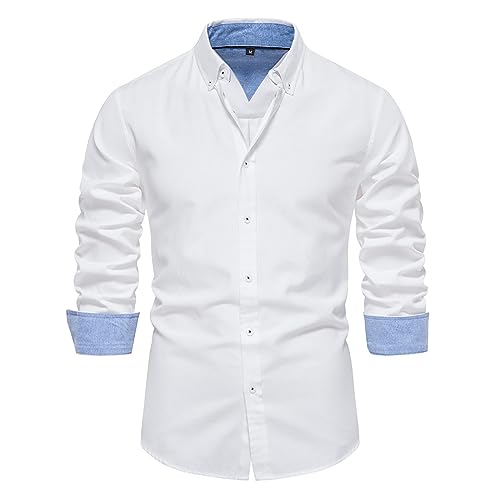 Generisch Stehkragen Hemd Herren Langarm Kontrast Basic Herrenhemden Modische Businesshemden Herren Einfarbig Langarmhemd für Business und Alltag Premium Button Down Freizeithemden (01Weiß, M) von Generisch