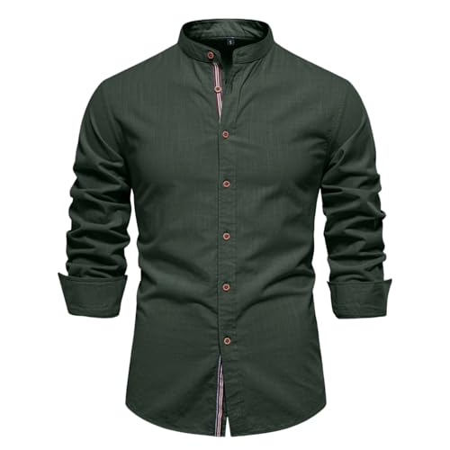 Generisch Stehkragen Hemd Herren Langarm Kontrast Basic Herrenhemden Modische Businesshemden Herren Einfarbig Langarmhemd für Business und Alltag Premium Button Down Freizeithemden (Armeegrün, M) von Generisch