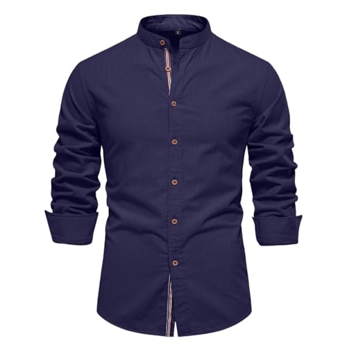 Generisch Stehkragen Hemd Herren Langarm Kontrast Basic Herrenhemden Modische Businesshemden Herren Einfarbig Langarmhemd für Business und Alltag Premium Button Down Freizeithemden (Dunkelblau, M) von Generisch